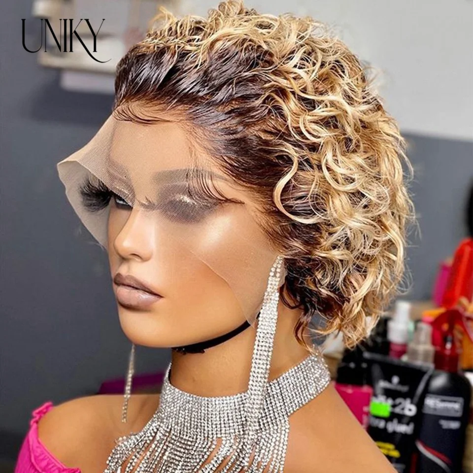 

Pixie Cut Wig Short Bob Curly Human Hair Wigs Cheap 13X1 Transparent Lace 99J Burgundy Water Deep Wave Lace Front Wig For Women