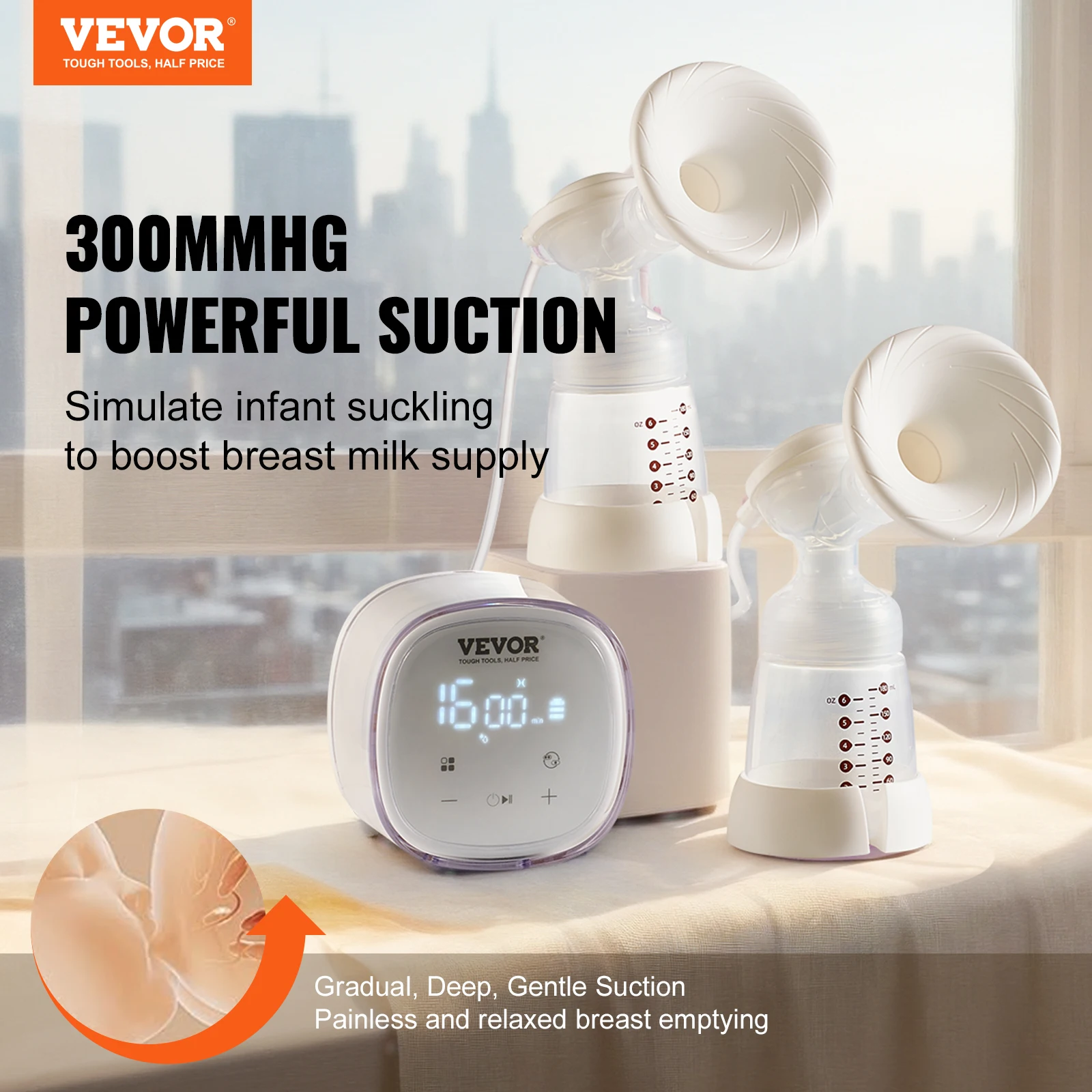 VEVOR Breast Pump Portable 2800mAH Rechargeable Double Electric Breast Pumps Anti-Backflow Breastfeeding Pump with LED Display 2
