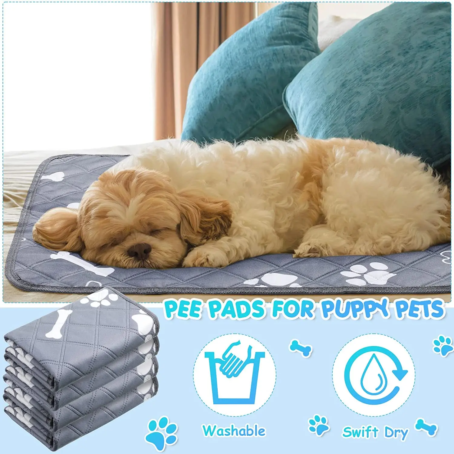 Washable Pee Pads For Dogs,reusable Pet Training Pads,waterproof Pet Pads  For Dog Bed,couch, Crate, Potty Training