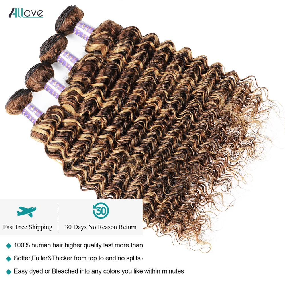 Human Hair Bundles Allove Highlight Bundles With Closure Deep Wave With 4x4 Transparent Lace Closure Ombre Honey Brown Remy Hair human hair bundles
