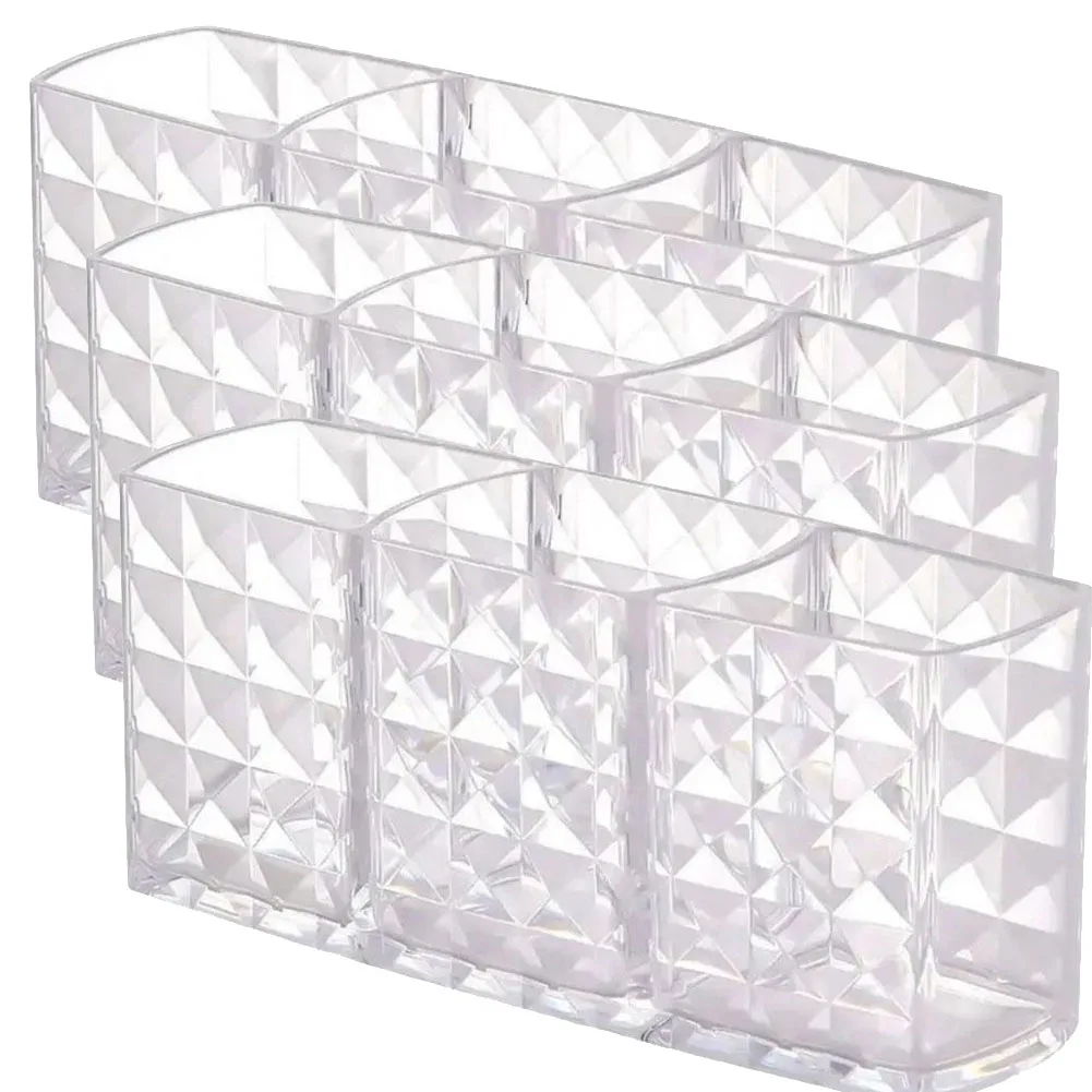 Transparent Acrylic Cosmetic Organizer - 3-Compartment Makeup Brush and Pencil Holder for Desktop and Vanity Spaces