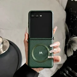 Luxury PU Leather Magnetic Shockproof Cover with Magsafe Wireless Charging for Motorola Razr 70 (Dark Green)