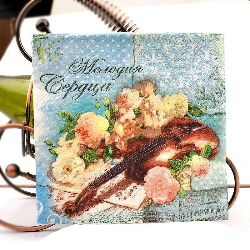 Printed Napkin Blue Green Wedding Paper Restaurant Banquet Placemat Paper Rose Violin Placemats Food Grade 20pcs/pac 33cm