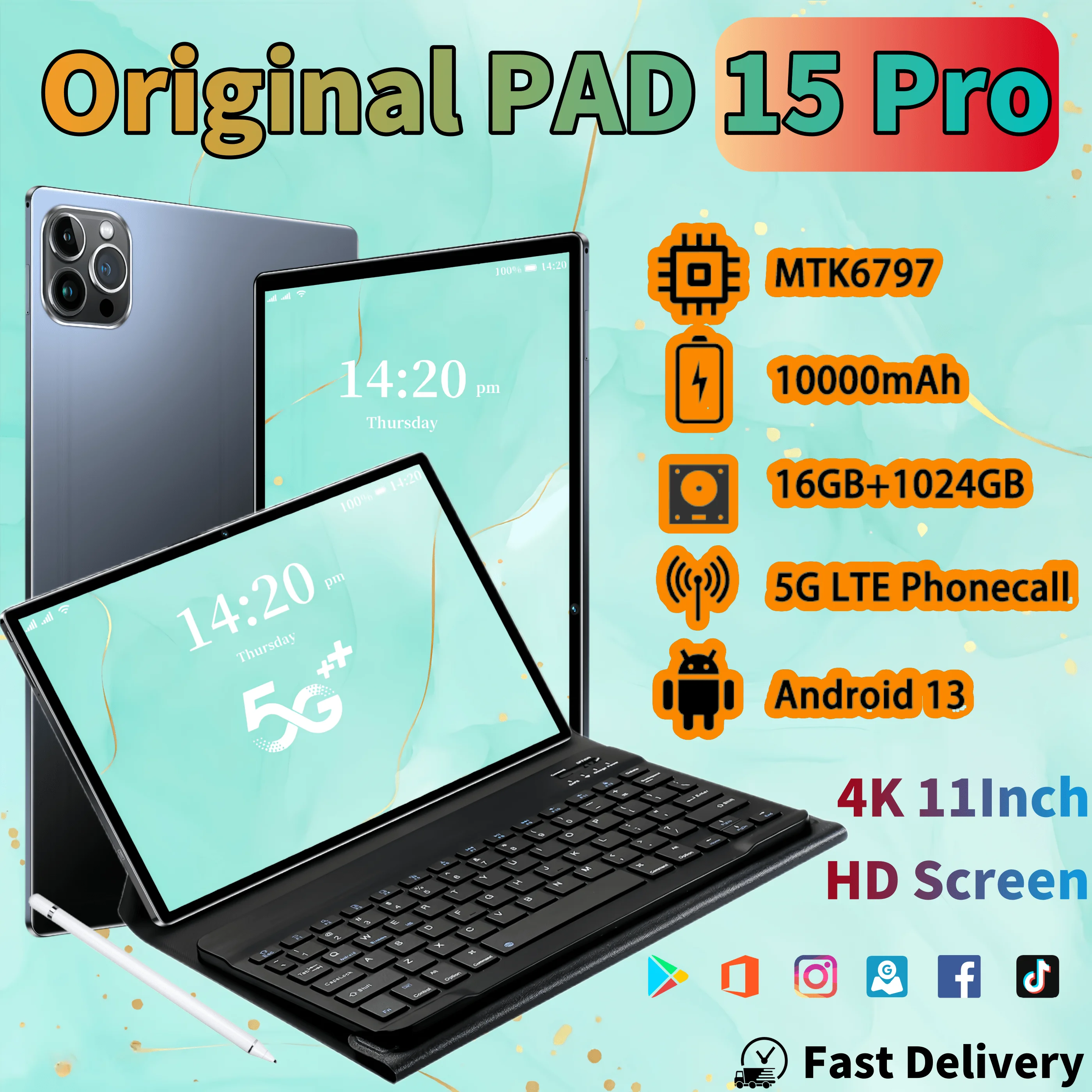 

2024 Original New Pad 15 PRO Tablet Android13 16GB+1TB 11 Inch 10000mAh 5G Dual SIM Phone Call Bluetooth WiFi GPS WPS Tablets PC