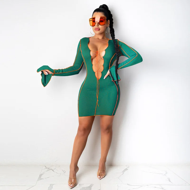 

Popular European and American Women's Clothing 2023 New Sexy V-Neck Lace Flare Sleeve Pit Stripe Dress Sexy