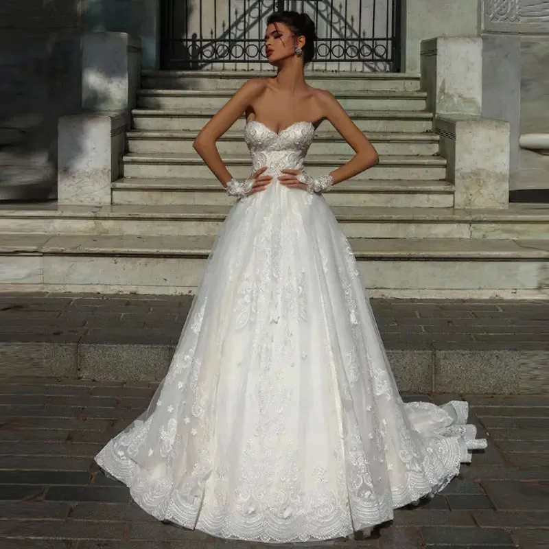 

Женское свадебное платье без рукавов, элегантное Тюлевое платье-трапеция с аппликацией, свадебное платье в пол, индивидуальный пошив