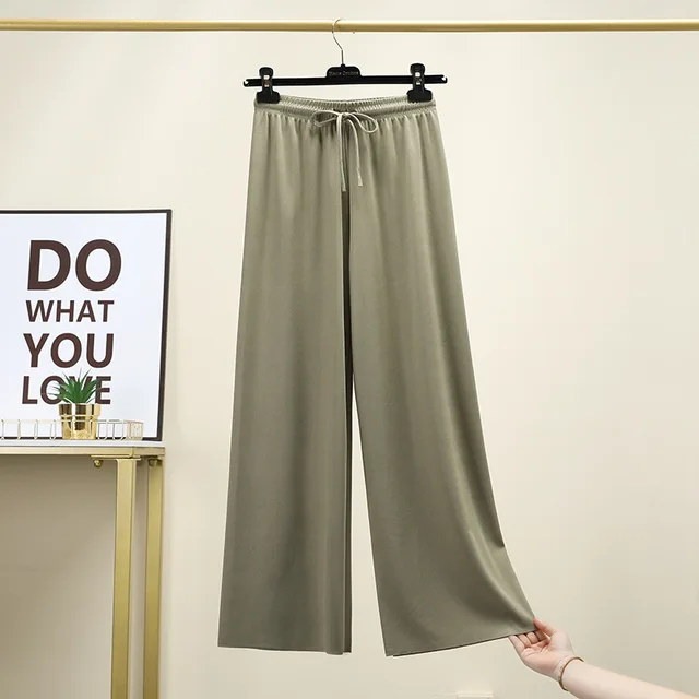 Long pants women's straight pantalon pour femme pants loose thin high waist women broad-legged pants sweatpants stacked leggings smooth--green