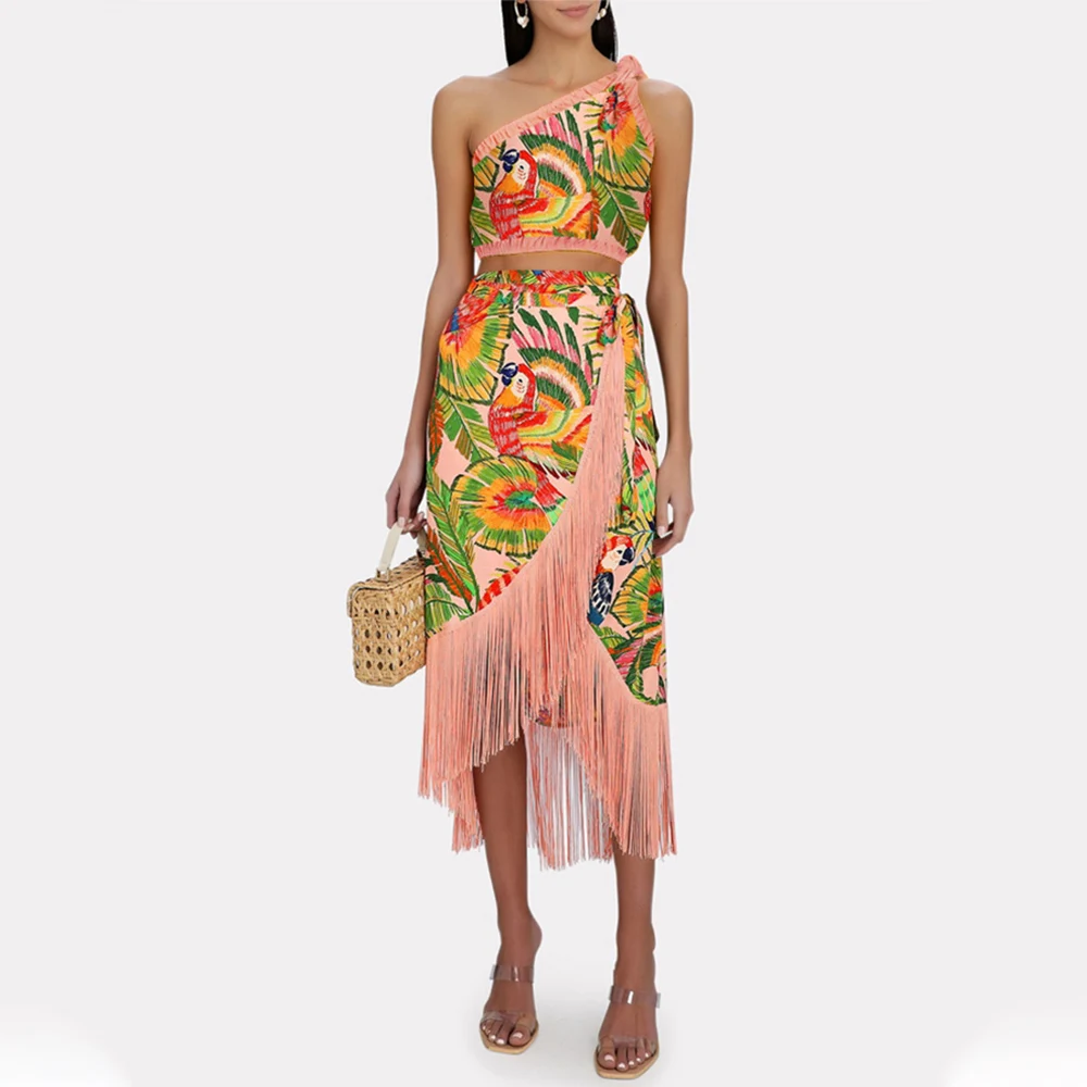 Tropical Summer Vintage One-Shoulder Swimsuit Embroidered Print Bikini and Fringe Skirt Women Sexy Lacing Up Two-Piece Swimwear
