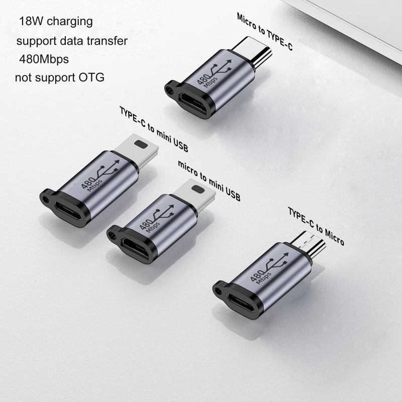 Usb Type C to Mini USB MicroUSB Adapter Micro USB to TypeC Mini USB Converter Connector Support Charge Data Sync 480Mbps 18W