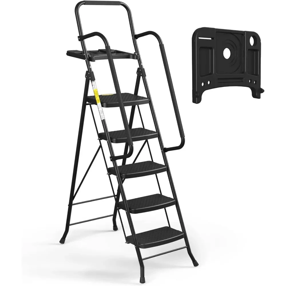 

5 Step Ladder with Handrails, Folding Step Stool with Tool Platform, 330 LBS Portable Steel Ladder for Adults for Home Kitchen