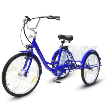 Triciclo elettrico per adulti da 24 pollici 3 ruote 350W 36V bici da carico elettrica per anziani con grande cestino di carico/tre modalità di guida