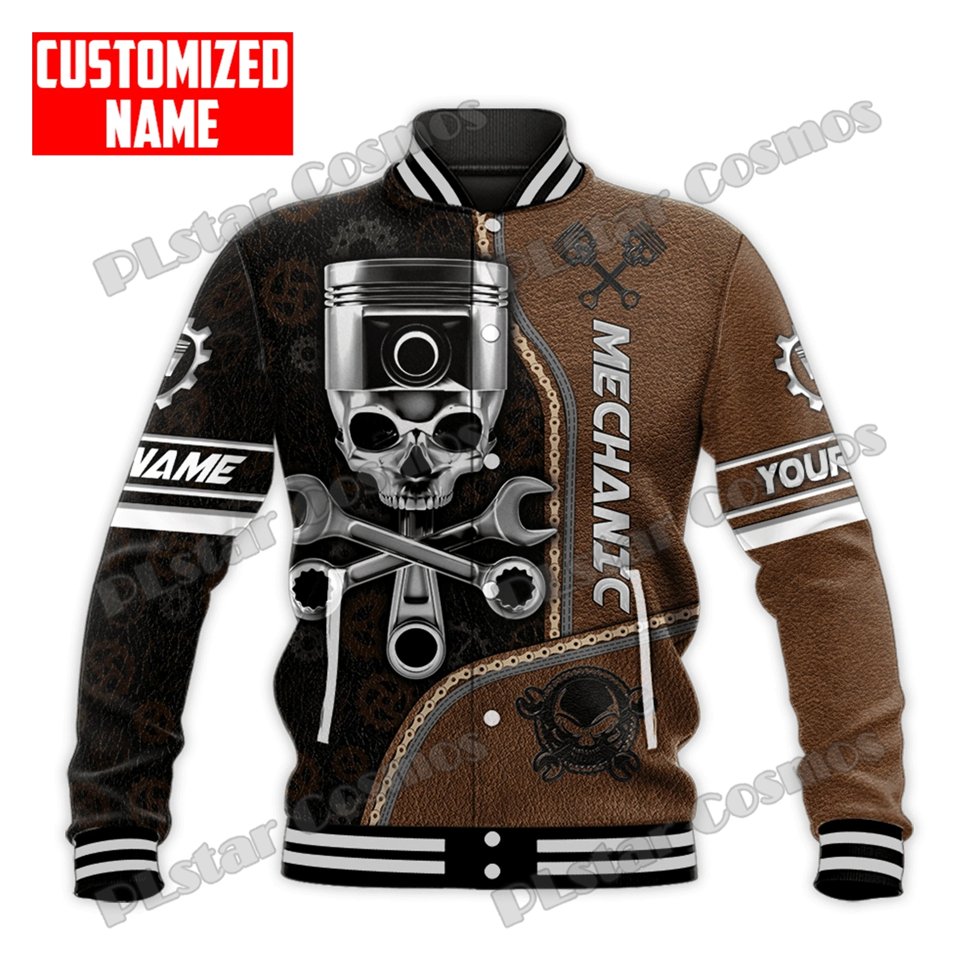 Personalized Name Mechanic Pattern 3D Printed Fashion Mens Baseball Varsity Jacket Unisex Casual Winter Baseball Jacket BQF03