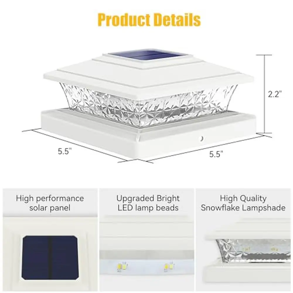 Outdoor Solar Post Lights 6 LEDs 2 Lighting Modes Waterproof Fence Post Cap 4x4 5x5 6x6 Vinyl Wooden Posts Diamond Lampshade