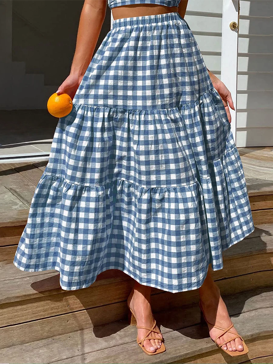 Maxi Gingham Skirt Vintage Tiered Ruff Patchwork Plaid Long