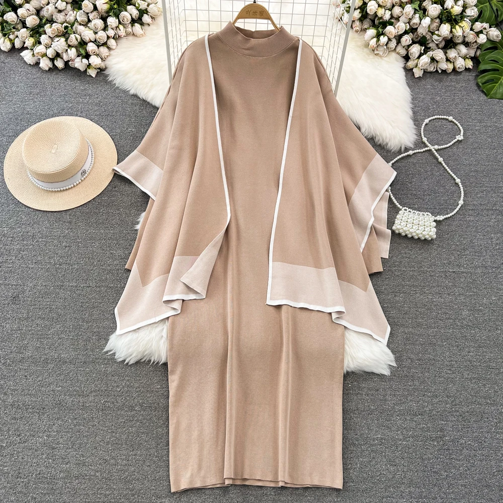 

VANOVICH Autumn and Winter New Women's Contrast Color Loose Coat Long Sleeve Stand Collar Casual Knitting Dress Two-piece Sets