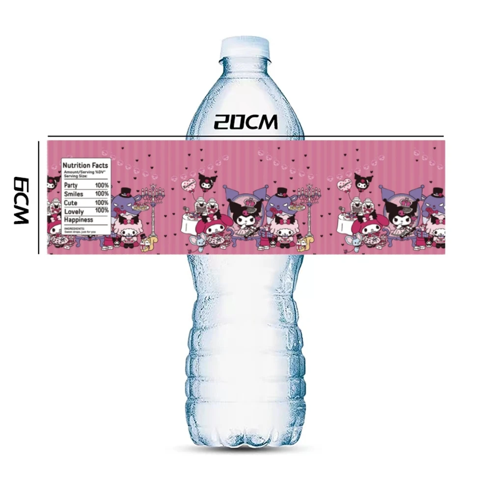 10/20/30PCS Hello Kitty Water Bottle Label Birthday Decoration Kuromii Cinna-moroll Waterproof Sticker Girls DIY Party Supplies