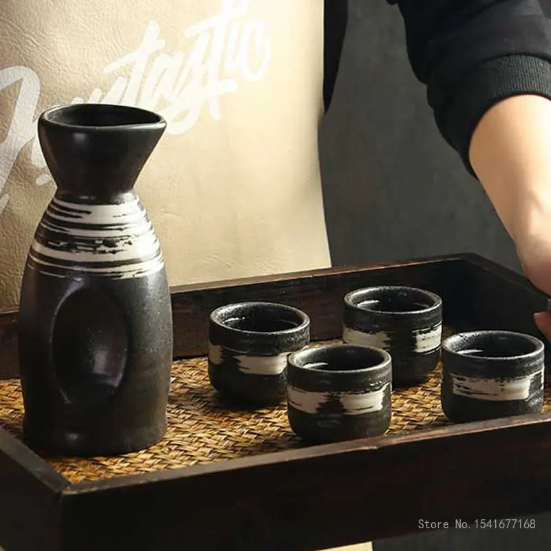 Retro Japanese Sake Set, Ceramic Flagon Liquor Cup, 1 Pot, 4 Cups, Home Bar, White Wine Pot, Creative Drinkware Gifts, 5Pcs