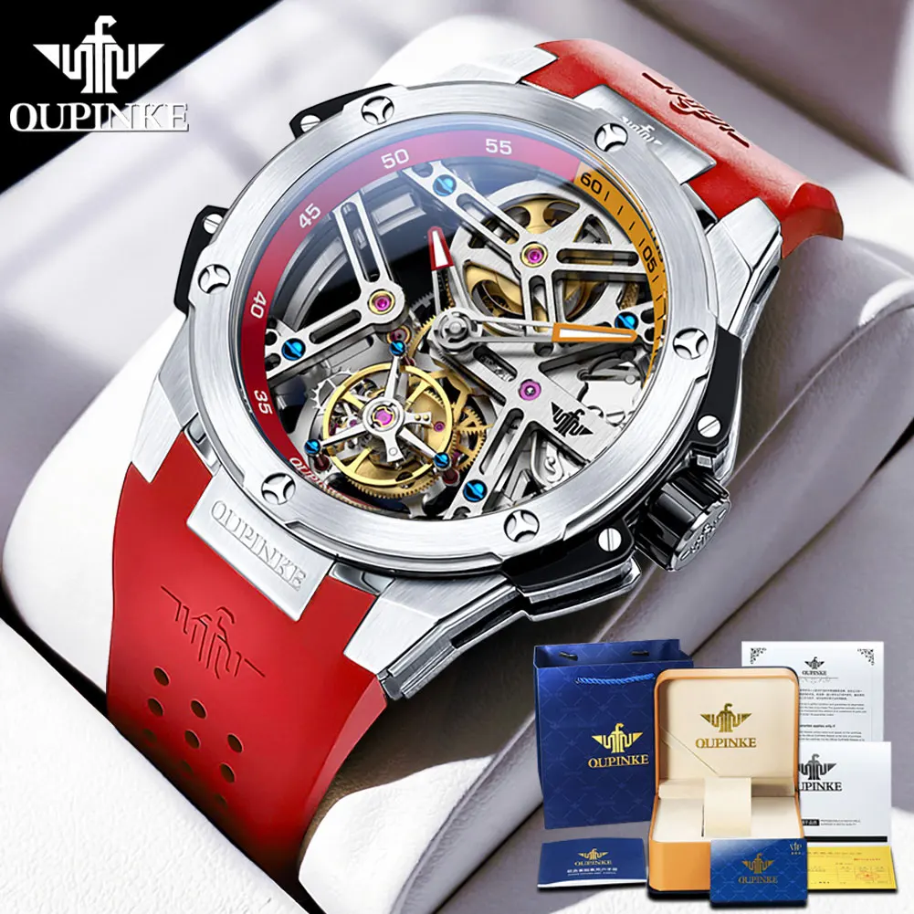 OUPINKE Tourbillon Watch for Men Automatic Mechanical Men's Watches Silicone Strap Sapphire Mirror Waterproof Original Watch Man