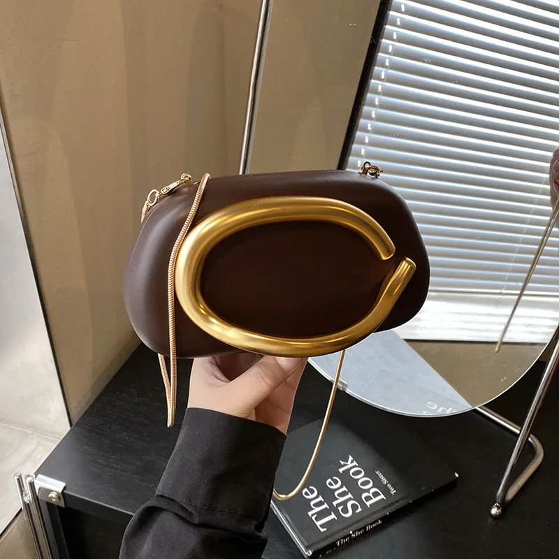 New Clutch Bag Metal Handle Design Evening Bag Round Box Chain Bag Elegant Woman Shoulder Bags PU Crossbody Bag