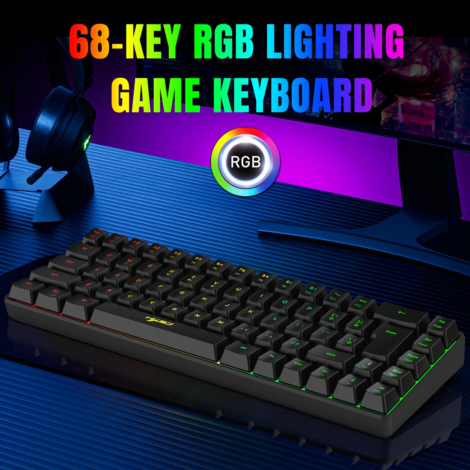 HXSJ 키보드 마우스 콤보 유선 K68 RGB 스트리머 멤브레인 키보드, 2.4G 무선 RGB 게이밍 마우스, 3600DPI 11 RGB 조명 모드