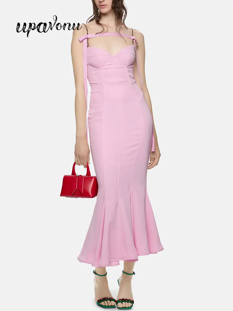 

Free Shipping Sexy Pink Midi Bandage Dress Women's Sling Sleeveless Bodycon Pleated Fish Tail Dress Evening Party Vestidos