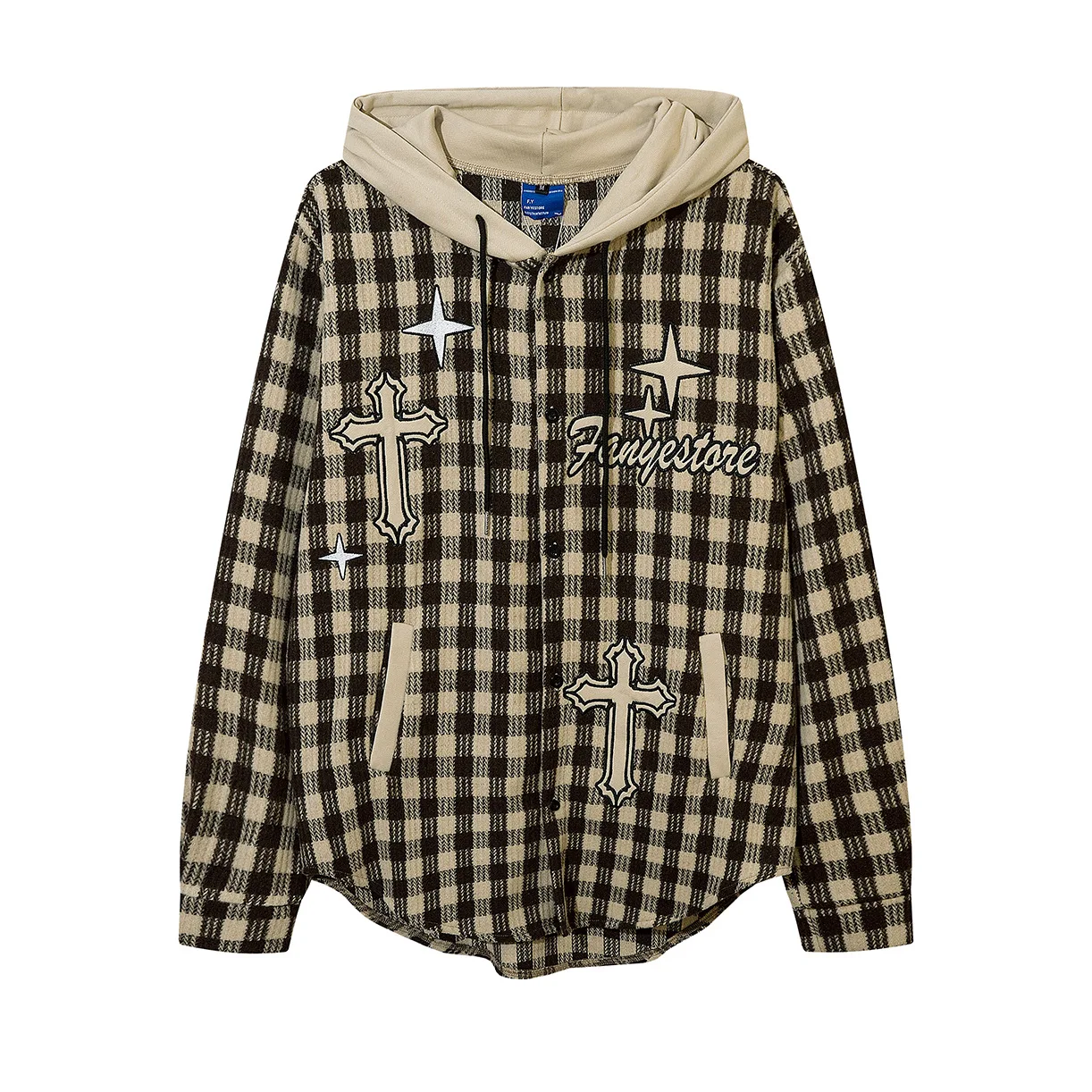 American high street plaid cross design khaki shirt coat men's and women's long sleeve hooded loose