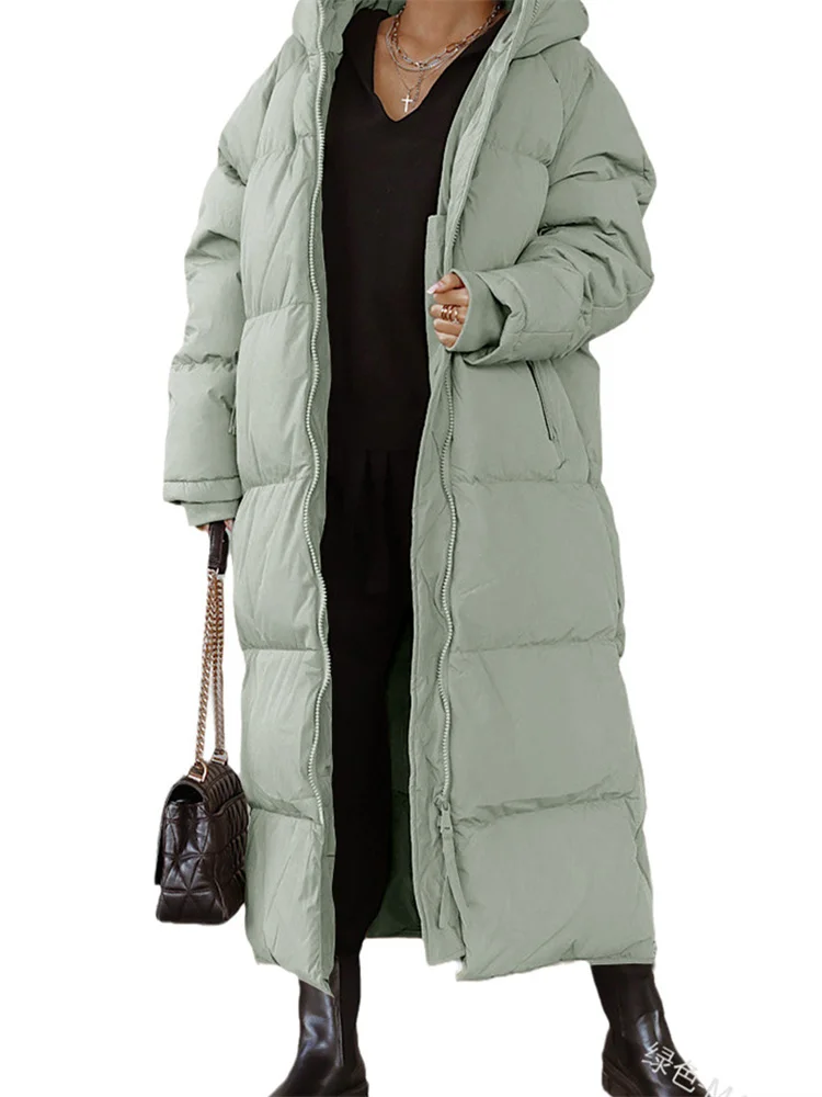 Wmstar Women Coat New Winter Thickened Loose Style Long Sleeve Solid Color Windproof Warm Hooded Down Cotton Padded Long Jacket