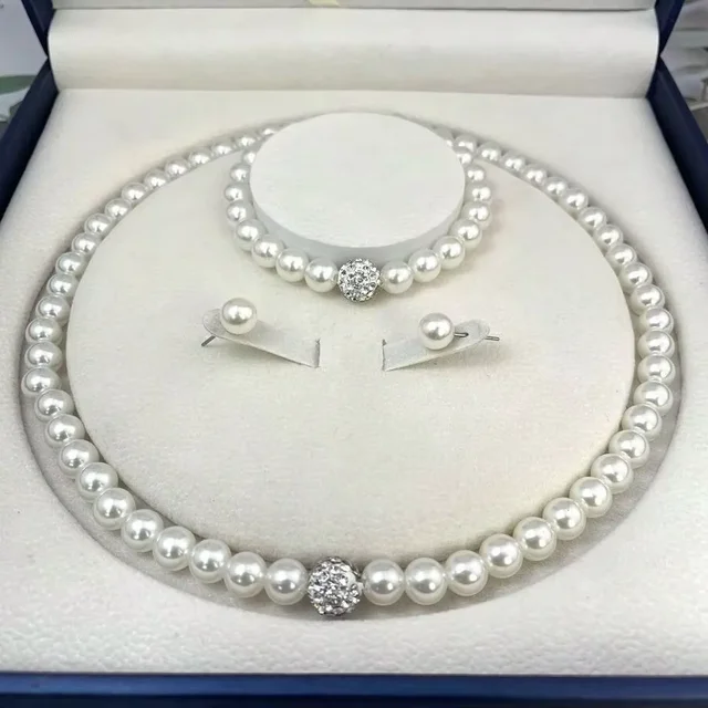 Ensemble de 3 pièces de bijoux en Imitation de perles, boule de feu, collier, Bracelet, boucle d'oreille, couleur argent, pierre de cristal, bijoux de mariée élégants 1