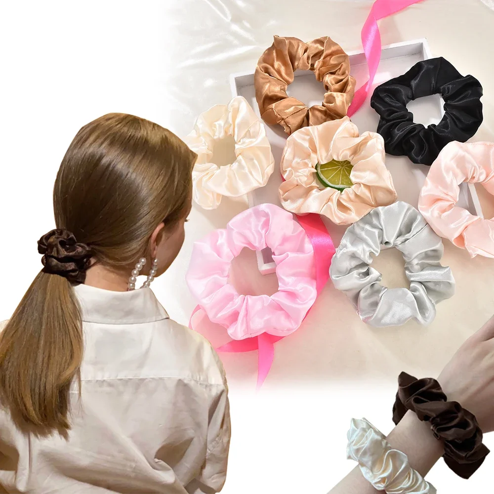 Fashion Simple Solid Color Women Satin Silk Hair Tie Elastic Scrunchies Ponytail Holder Hair Rope Hair Accessories Wholesale