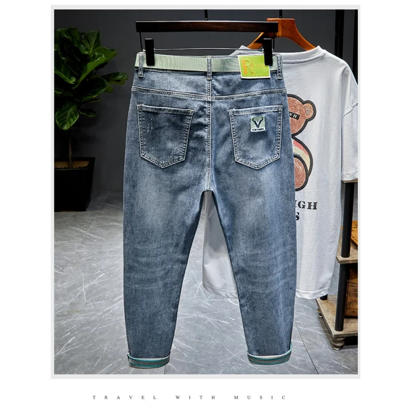2024 New Summer Thin Men's Jeans Fashionable Scratch Embroidered Printed Stretch Breathable Casual Cropped Pants