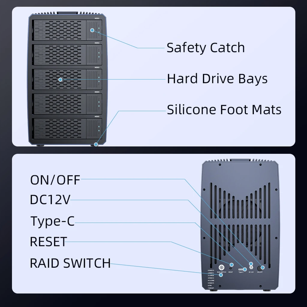 하드 드라이브 도킹 스테이션, 알루미늄 HDD 케이스 지지대, 2.5, 3.5 인치 HDD, SSD용 8 레이드 모드, 5 베이 SATA HDD 도킹 스테이션