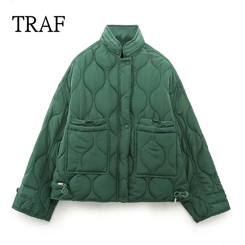 TRAF Green Women Jackets 2023 Autumn Winter Loose Pocket Long Sleeve Woman Clothing Coats Drawstring Female Outerwear Chic Tops