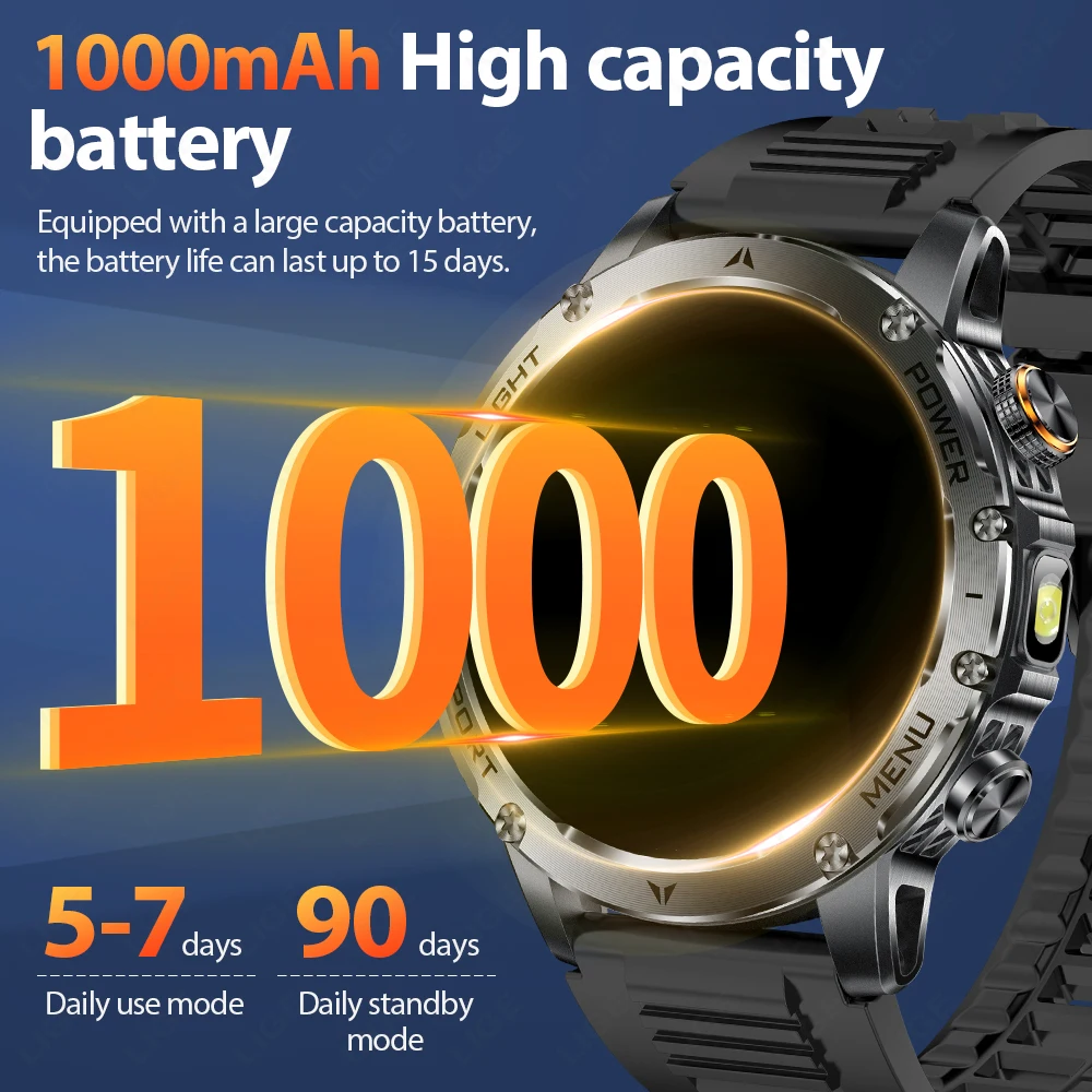 LIGE Military 1000mAh AMOLED Smart Watch Men Health Monitor Waterproof Sports Fitness Watches BT Call Smartwatch for Android iOS