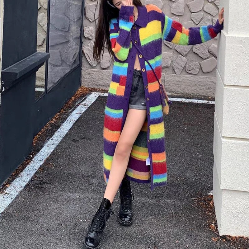 

JIAMI Colorful Striped Knitted Women Long Cardigan 2023 Autumn New in Korean Fashion Loose Versatile Jumper Jacket Sweater