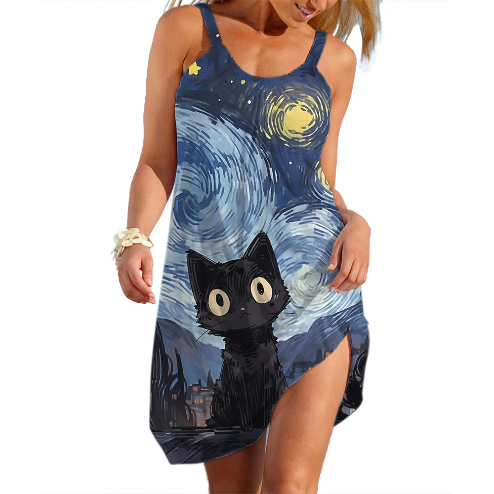 Lady Trend Streetwear Cartoon Cat Women's A-line Slip Dress Daily Soft Wear Woman Loose Dresses Summer Female Casual Clothes 1