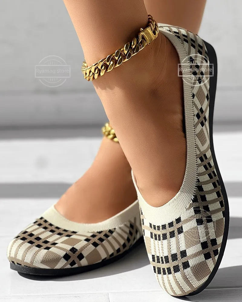 Loafers Women Geometric Pattern Round Toe Slip on New Mesh Sneakers Autumn Light Slip on Shoes Round Toe Flat Socks Shoes