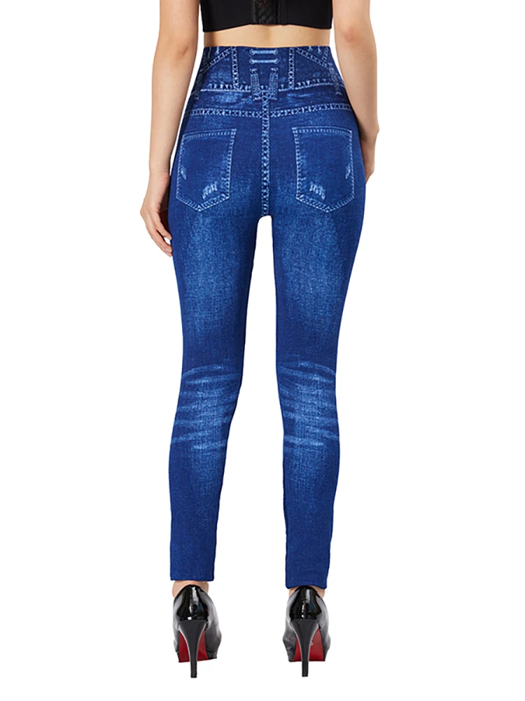 High Waist Women Faux Denim Jeans Slim Leggings Stretch Pencil