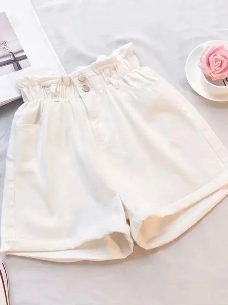 Fashion Elastic High Waisted Denim Shorts Black Women's S-5XL Classic Contrast Color Pleated Harlem Style Women's Short Jeans