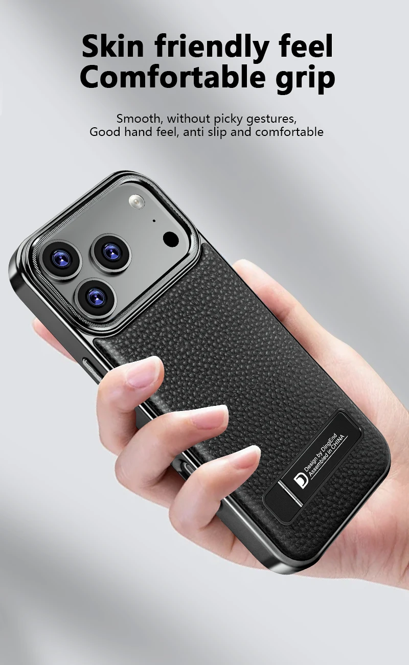 Luxurious Genuine Leather Electroplated Phone Case with Metal Bracket Kickstand and Magsafe Compatibility