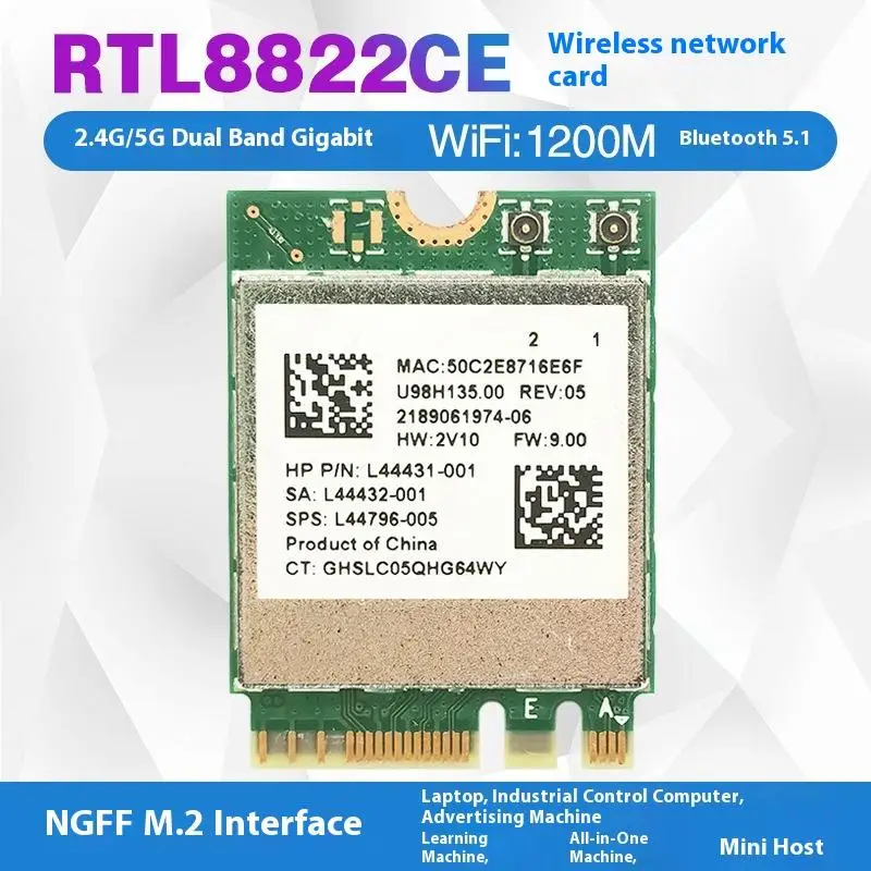 새로운 판매 1 세트 2.4Ghz 블루투스 호환 WIFI 카드 IPX 커넥터 카드 RTL8822CE 듀얼 밴드 802.11ac 1200Mbps M2 Wifi 카드