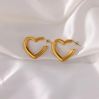 Hollow Heart Hoop Earrings for Women Stainless Steel Gold Color Heart Earrings 2024 Trend Ear Piercing Wedding Jewelry Gift