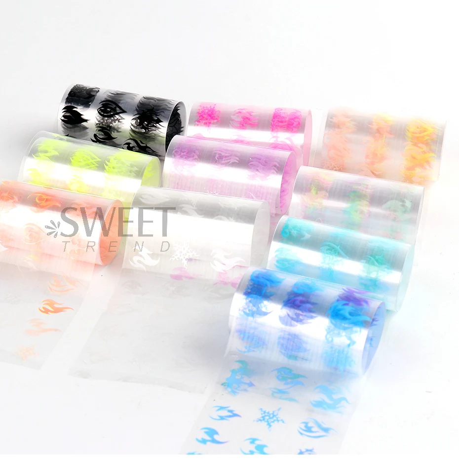10 Roll/Box Fluorescent Fire Flame Nails Manicure Foils Neon Spark Design Transfer Stickers Halloween Series Starry Parper Decor