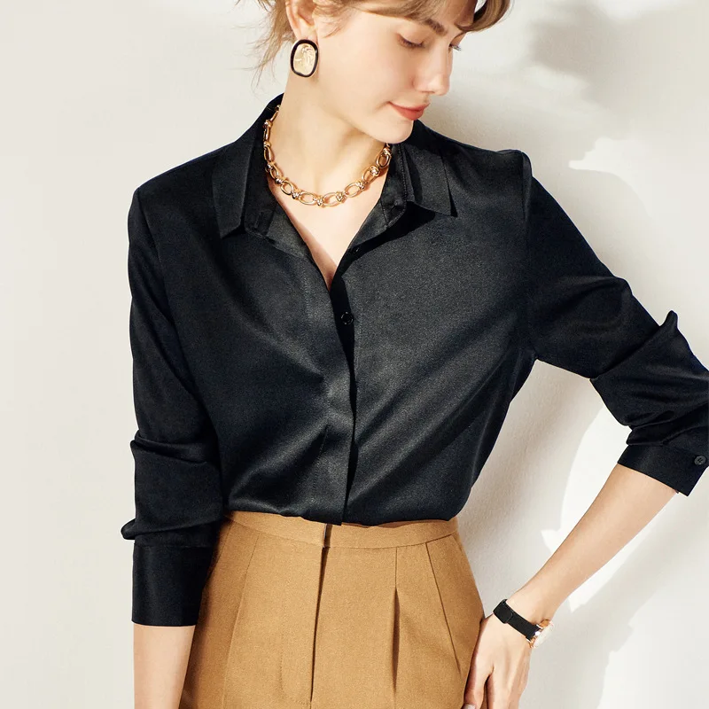 

Real Silk New Design Korean Office Ladies Elegant Shirt Blouse Women Fashion Solid Collar Long Sleeve Shirts Tops High End Shirt