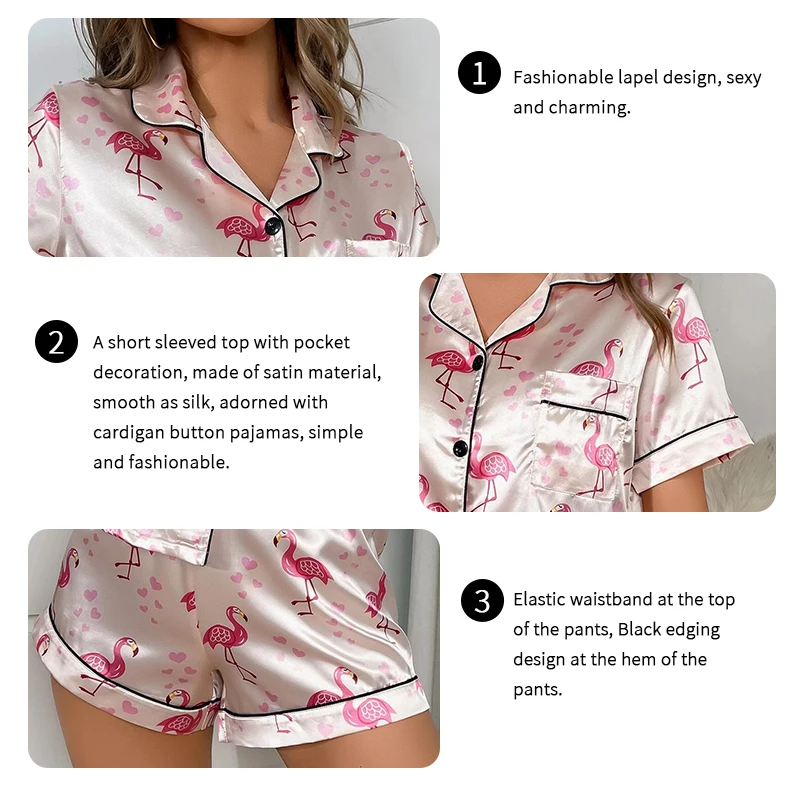 Women's Sleepwear Lapel Neck Flamingo Print Pajama Set Short Sleeve Buttons Top With Elastic Shorts Loungewear Nighty Nightwear