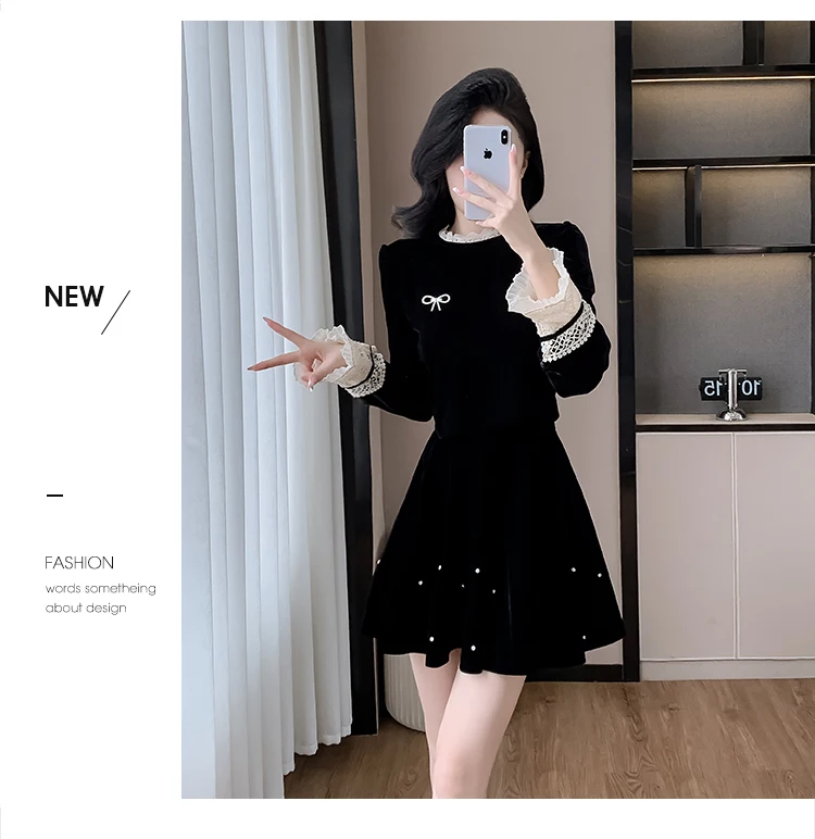 Autumn Elegant Velvet Two-piece Skirt Set Women Long Sleeve Lace Patchwork Crop Top Mini Skirt Korean Fashion Y2K Chic Outfits