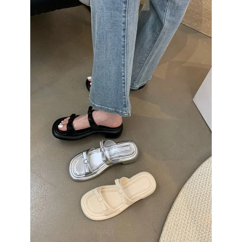 New Summer Women's Slippers 2024 Stylish Peep-toe Low Heel Silver Women's Comfortable Beach Shoes Sapatilas — view 6