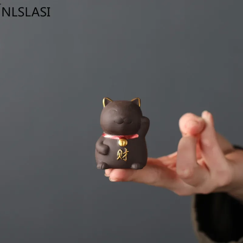 NLSLAISI 1 PCS Yixing Purple Clay Small Tea Pet Lucky Cat Figurine Ornament Boutique Tea Accessories Crafts Home Decoration tea pet ornaments