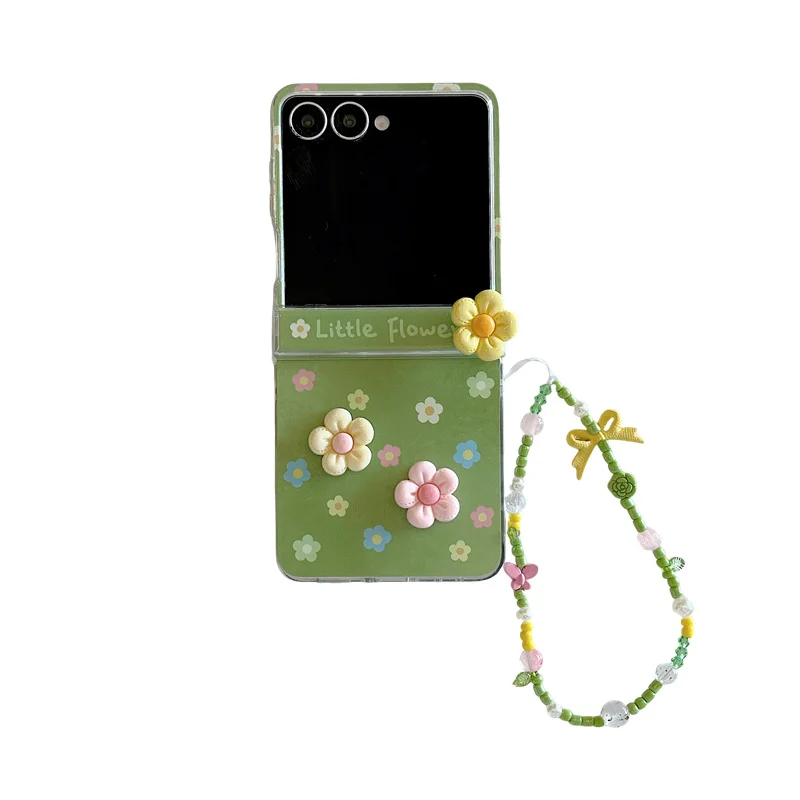 Charming 3D Flower Green Phone Case with Beaded Lanyard - Foldable Protective Cover