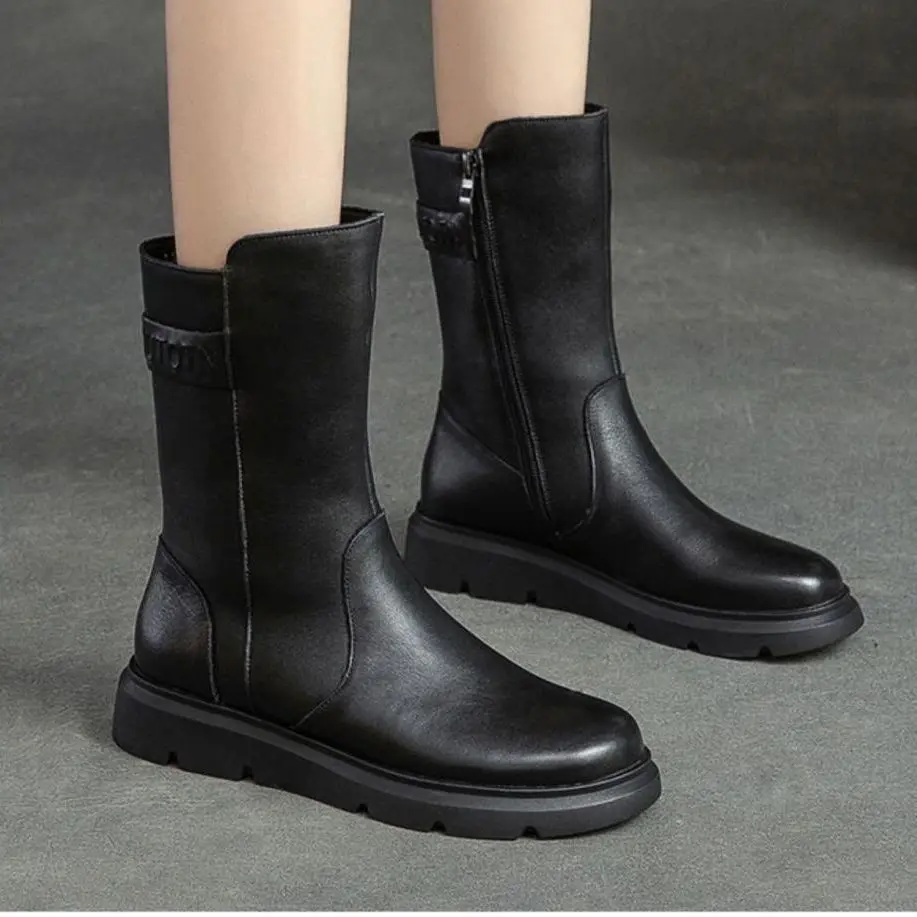 Retro  Boots Women's Leather Flat Bot Anti-slip Mid-calf Boots Comfortable Winter oes round Toe Warmth Assurance
