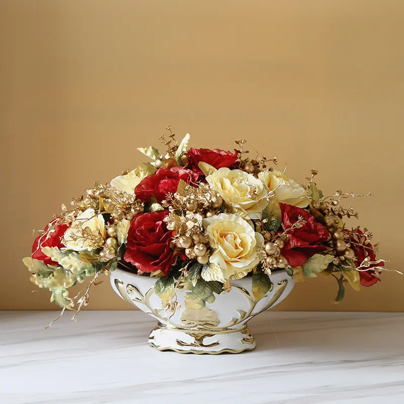 European Luxury Vase+artificial Flower Set Ornament Desktop Resin